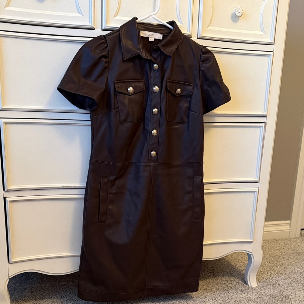 LOFT Faux Leather Short Sleeve Mini Dress in Dark Brown
